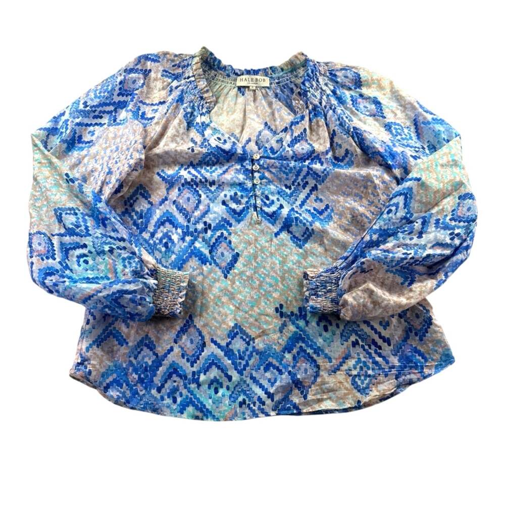 Hale Bob Lyla Blouse S Silk Cotton Blend Blue Boho Long Sleeve Button Front